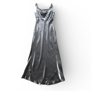 Vintage Cachet Maxi Dress 12 Silver Metallic Flowing Formal Art Deco Gatsby Glam